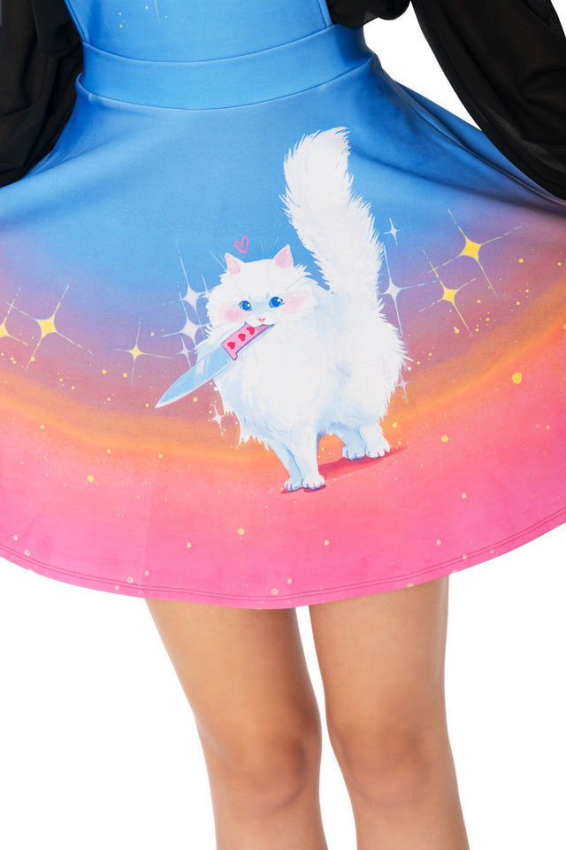 Detail of adjustable front straps on Lora Zombie print pink apron dress - BlackMilk wearable art clothing