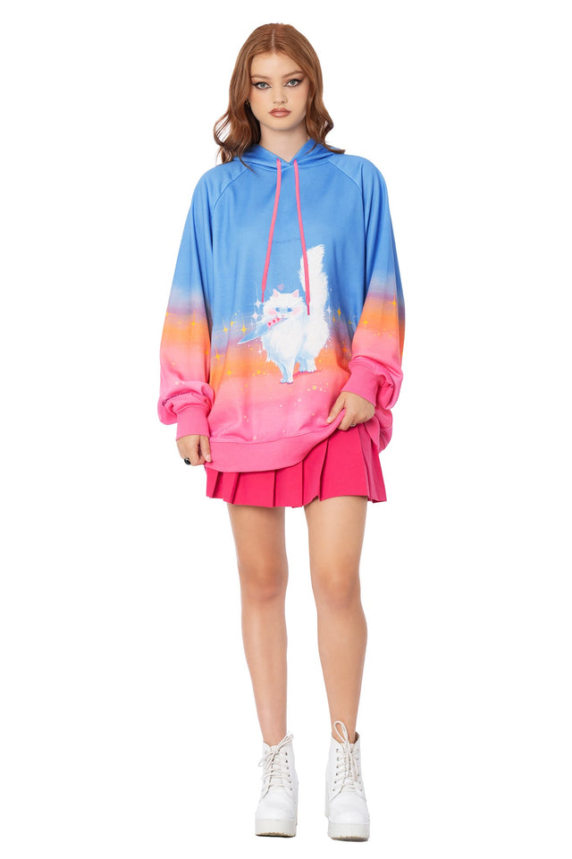 Pink oversized hoodie sweater with Lora Zombie cat and knife artwork - unisex wearable art hoodie by BlackMilk