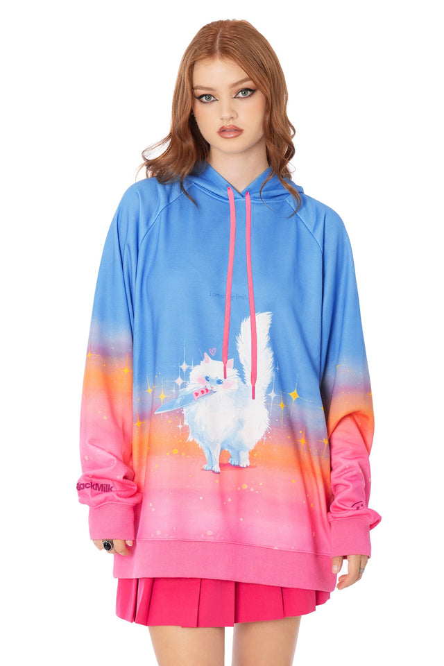 Close-up of Lora Zombie fluffy cat artwork on pink oversized hoodie - BlackMilk wearable art detail