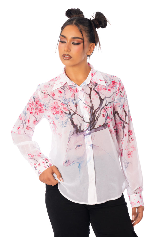 Cherry Blossom Deer Long Sleeve Business Time Shirt