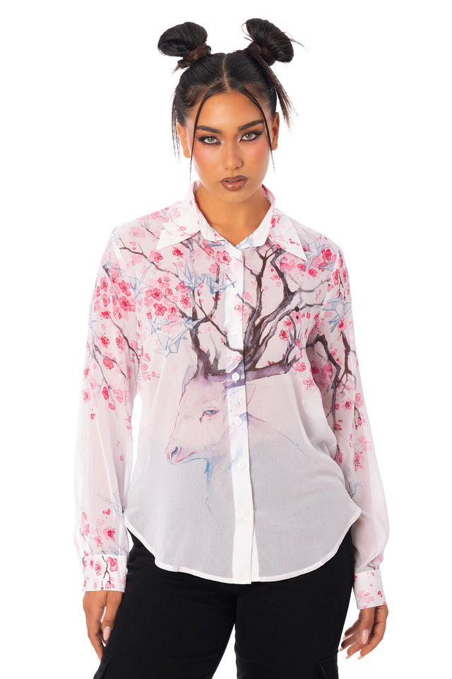 Cherry Blossom Deer Long Sleeve Business Time Shirt