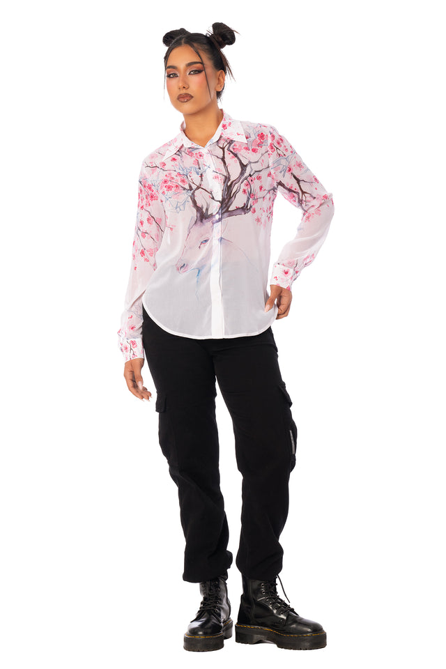 Cherry Blossom Deer Long Sleeve Business Time Shirt