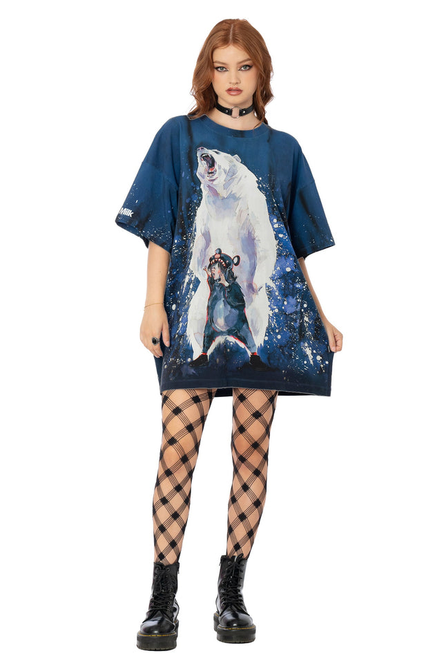 Blue oversized cotton giant tee with Lora Zombie polar bear artwork - unisex wearable art t-shirt by BlackMilk