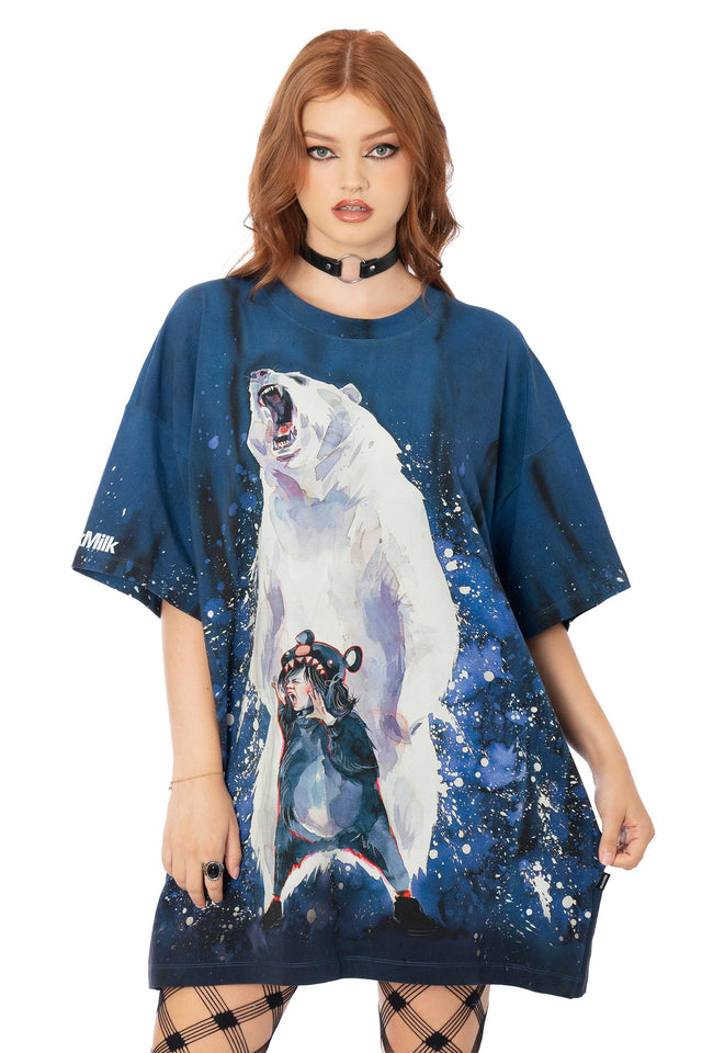 BlackMilk blue oversized unisex giant tee featuring Lora Zombie bear design - cotton wearable art fashion