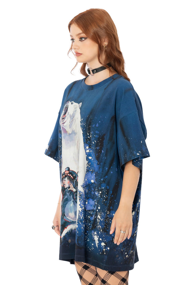 Model wearing blue oversized cotton giant tee with Lora Zombie polar bear artwork - wearable art by BlackMilk
