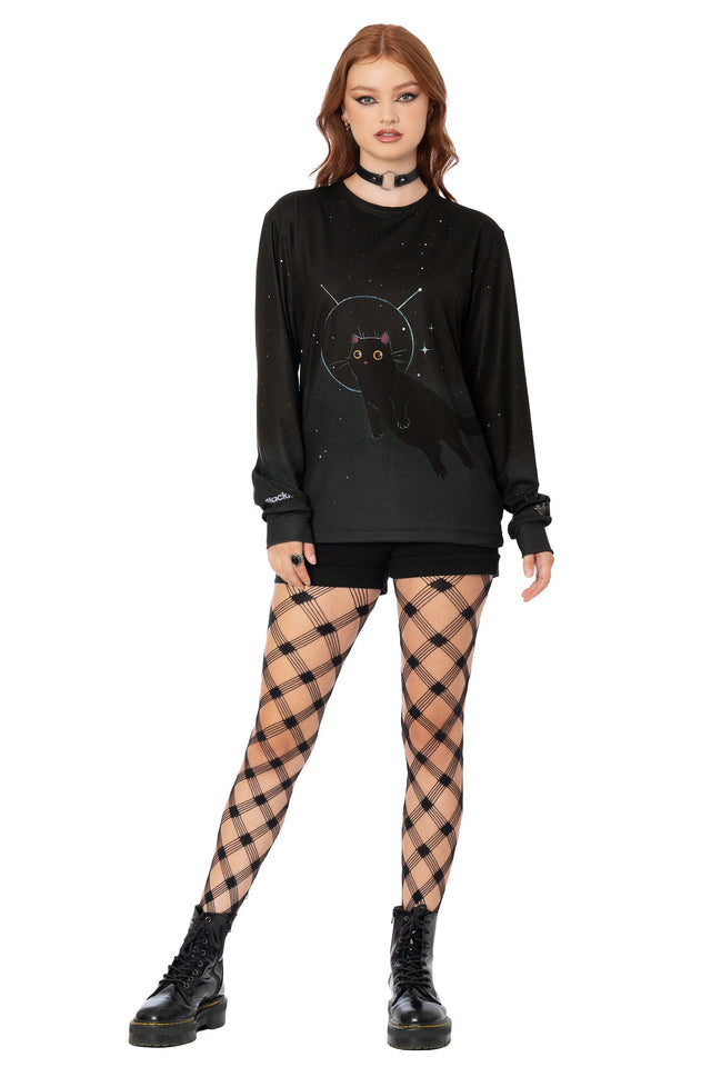 Black long sleeve oversized boyfriend t-shirt with Lora Zombie void kitty artwork - unisex wearable art tee by BlackMilk