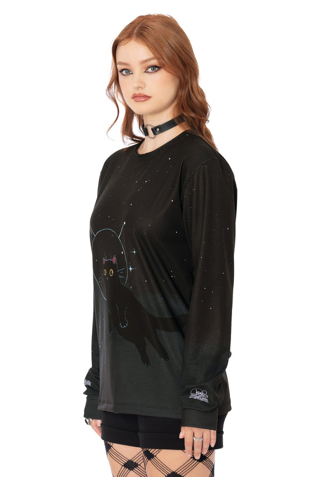 BlackMilk black slouchy long sleeve tee featuring Lora Zombie cat design - oversized unisex wearable art