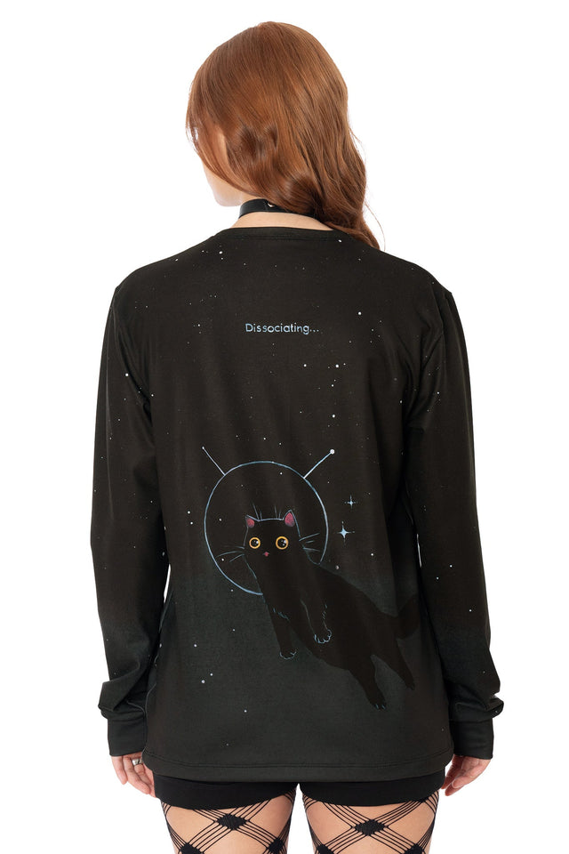 Model wearing black oversized long sleeve boyfriend tee with Lora Zombie cat artwork - wearable art by BlackMilk