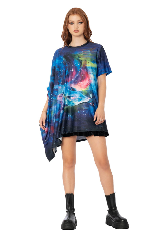 Purple super drape top with Lora Zombie dreaming fox artwork - asymmetrical hem wearable art top by BlackMilk