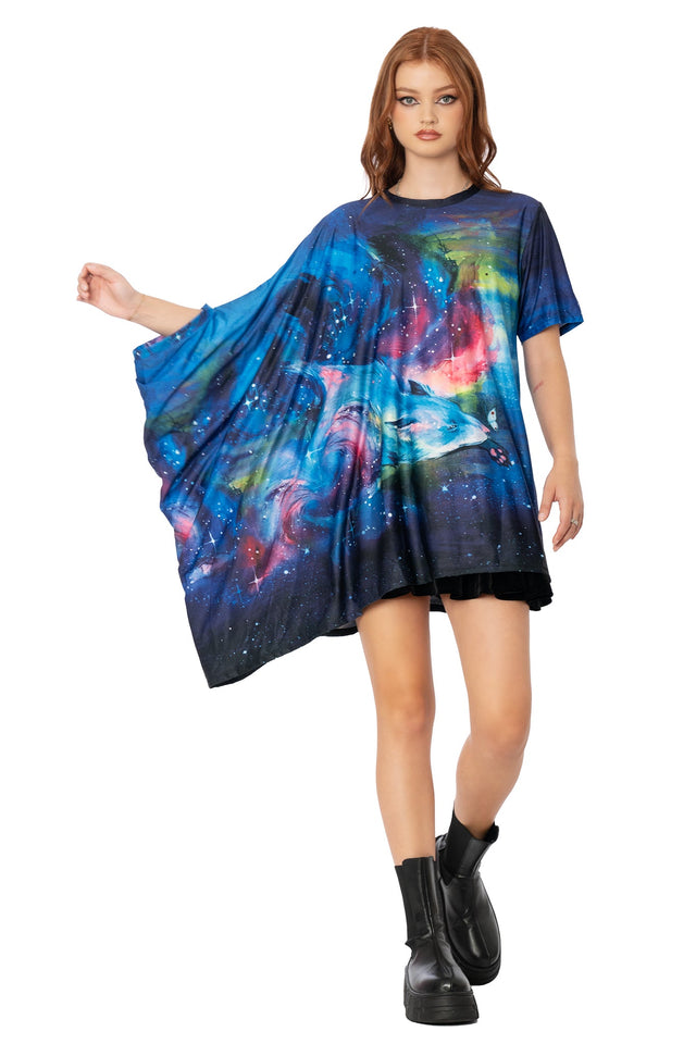 Close-up of Lora Zombie sleepy fox artwork on purple super drape top - BlackMilk wearable art detail