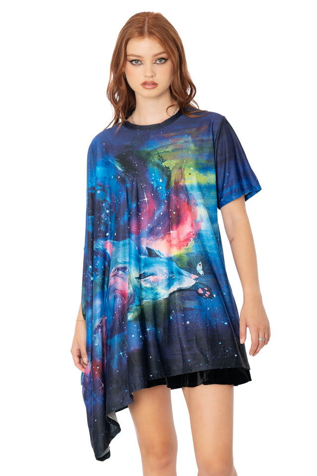 BlackMilk purple lightweight super drape top featuring Lora Zombie fox design - wearable art fashion