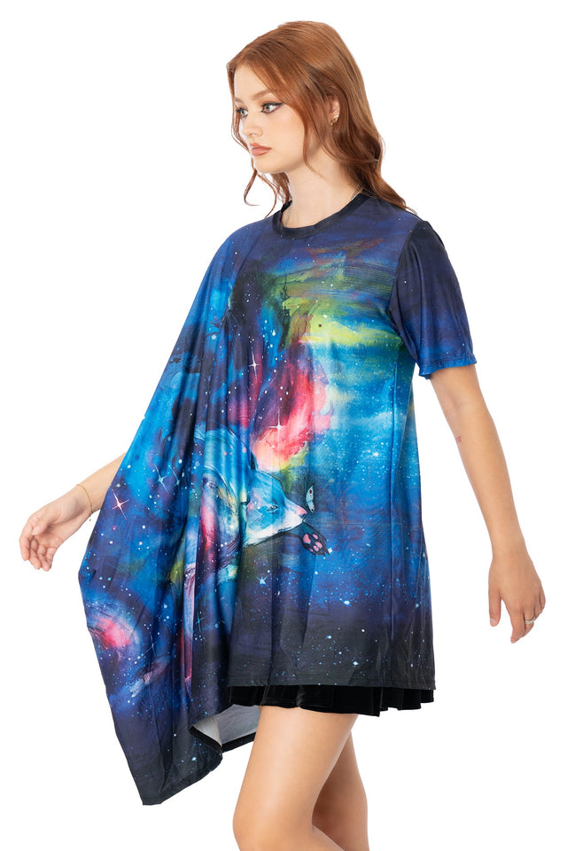 Model wearing purple super drape top with Lora Zombie fox artwork - relaxed fit wearable art by BlackMilk