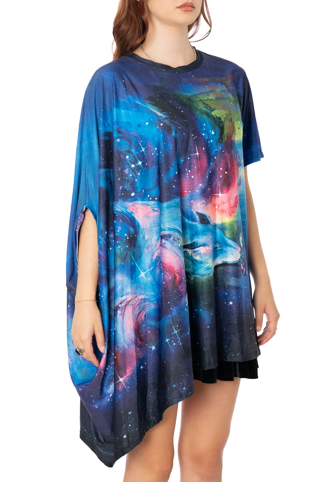 Detail of all-over fox artwork on sleeve of Lora Zombie print purple drape top - BlackMilk wearable art