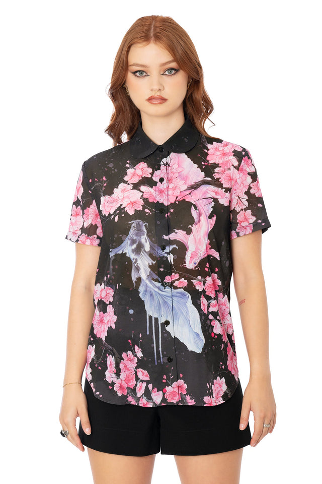BlackMilk black lightweight button-up shirt featuring Lora Zombie koi design - wearable art fashion