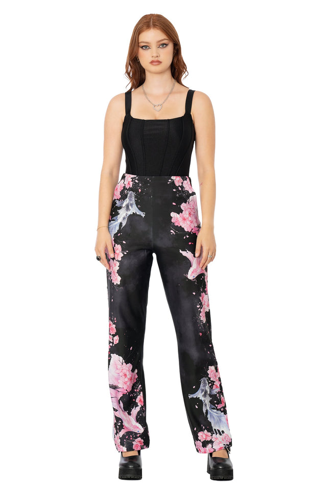 Black high-waisted straight leg pants with Lora Zombie koi fish artwork - wearable art trousers by BlackMilk