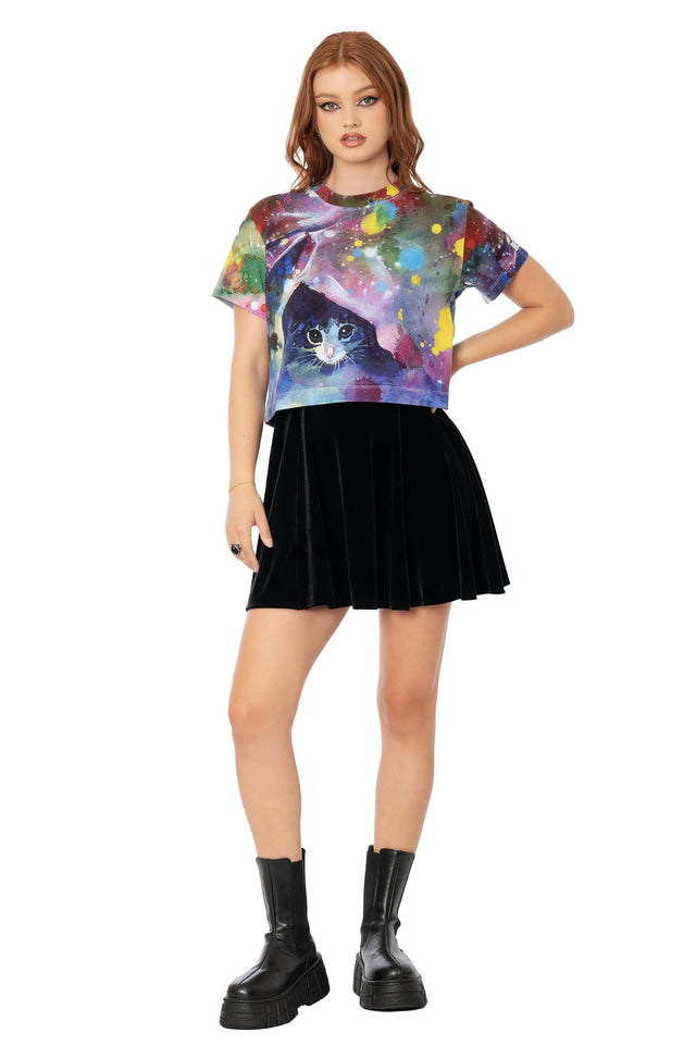 Pink cropped baby tee with Lora Zombie hidden kitty artwork - cotton wearable art t-shirt by BlackMilk