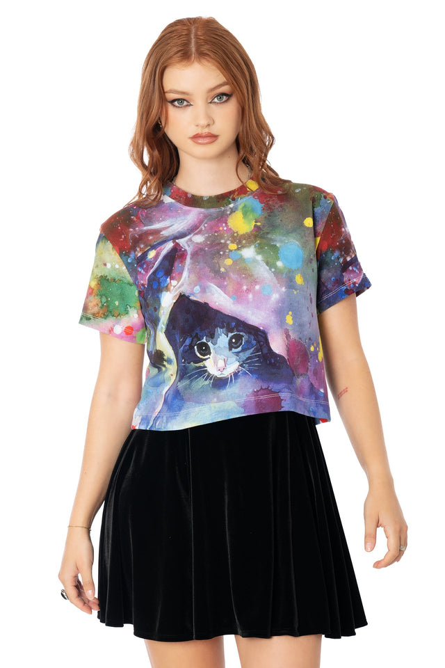Close-up of Lora Zombie kitty artwork among brushstrokes on pink baby tee - BlackMilk wearable art detail