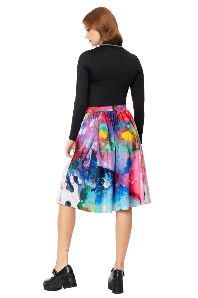 BlackMilk pink Toastie-Core fabric midi skirt featuring Lora Zombie cat design - wearable art clothing