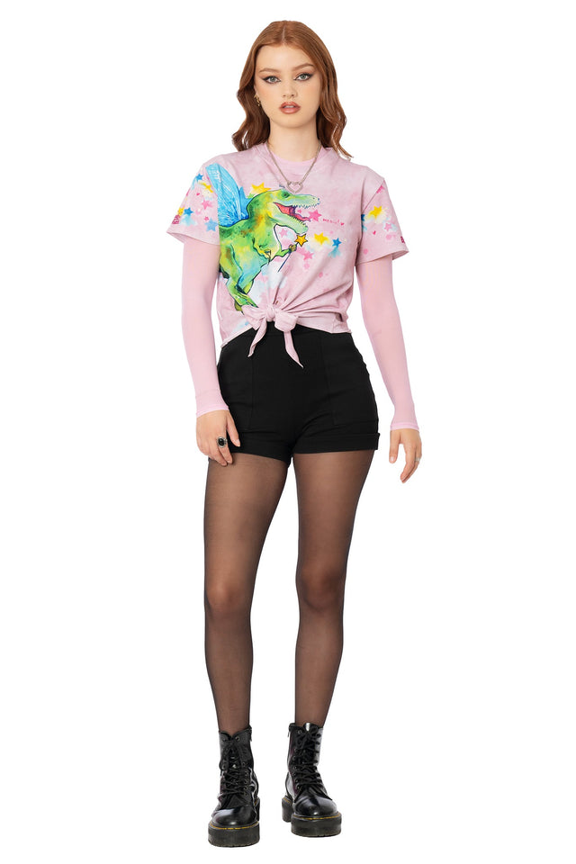 Pink tie front tee with Lora Zombie T-Rex artwork - cotton wearable art t-shirt by BlackMilk