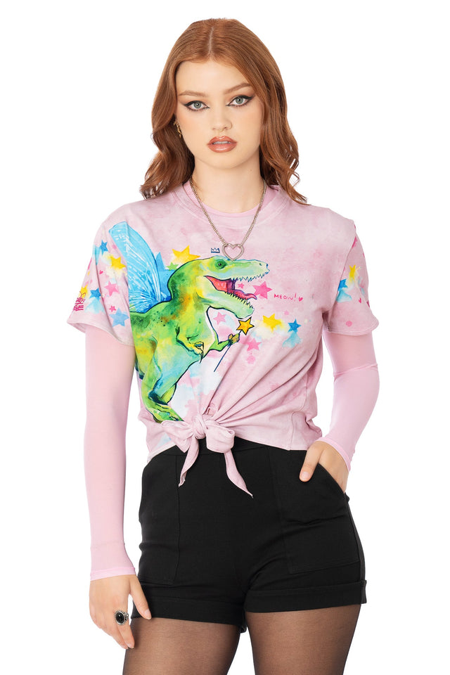 Close-up of Lora Zombie winged T-Rex artwork on pink tie front tee - BlackMilk wearable art detail
