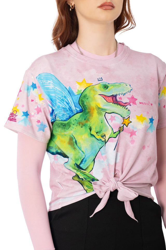 Detail of adjustable tie-front on Lora Zombie dinosaur print pink tee - BlackMilk wearable art clothing