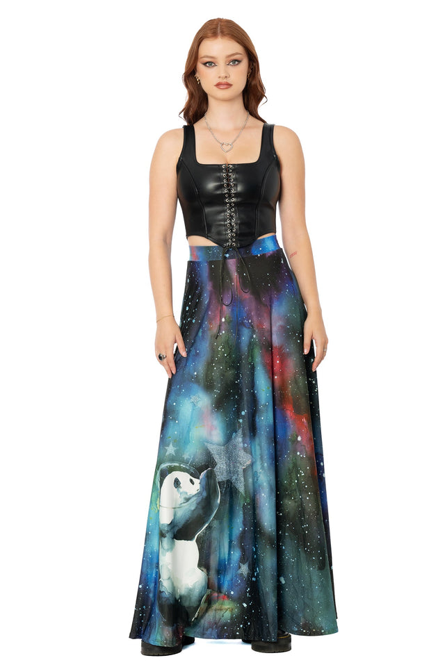 Blue maxi skirt with Lora Zombie space panda artwork - Slinky fabric wearable art skirt by BlackMilk