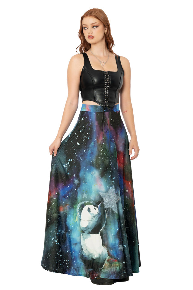 Close-up of Lora Zombie panda artwork on blue silky maxi skirt - BlackMilk wearable art detail