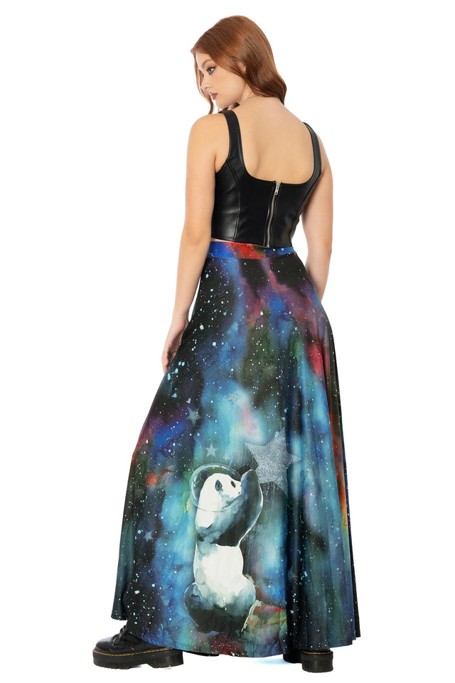 Model wearing blue maxi skirt with Lora Zombie panda artwork - light silky wearable art by BlackMilk