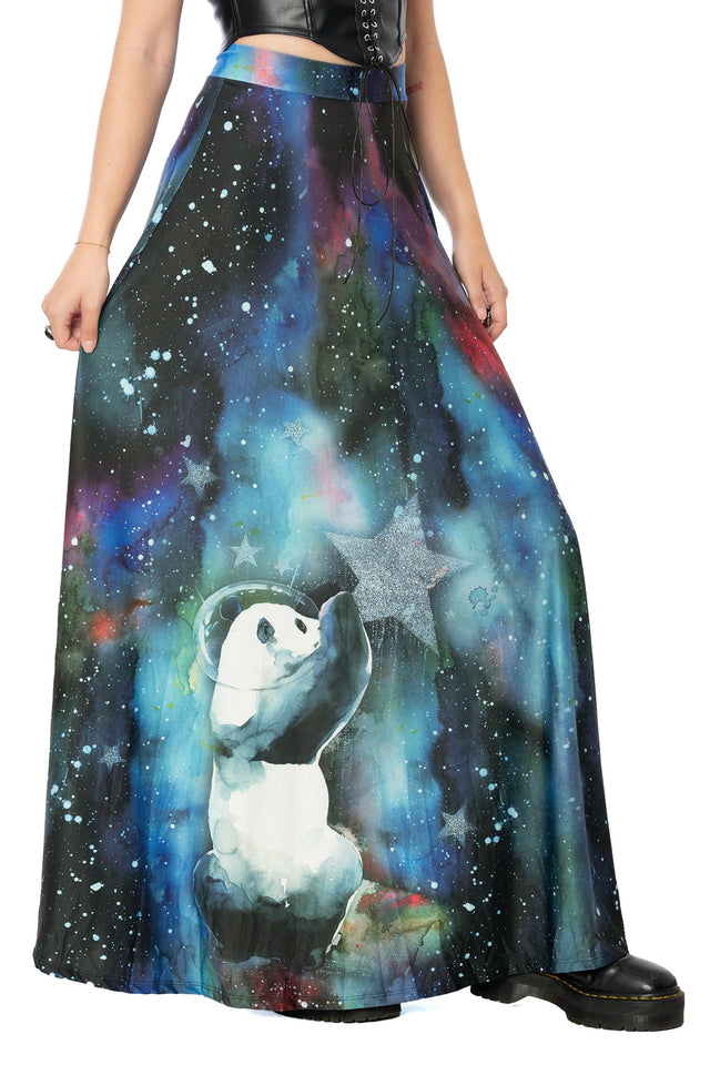 BlackMilk Panda maxi skirt in blue Slinky fabric - Lora Zombie wearable art watercolour design