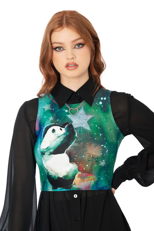 BlackMilk blue Toastie-core cropped top featuring Lora Zombie panda design - wearable art fashion