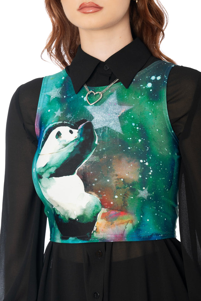 Detail of cosy Toastie-core fabric on Lora Zombie panda print crop top - BlackMilk wearable art