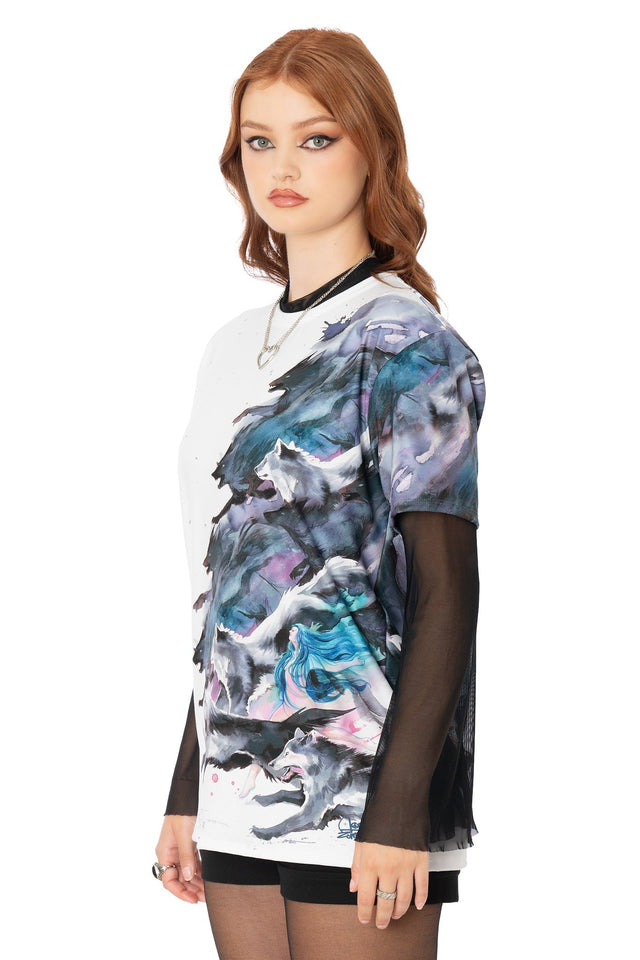 BlackMilk white boyfriend tee featuring Lora Zombie wolf design - oversized relaxed unisex fit wearable art t-shirt