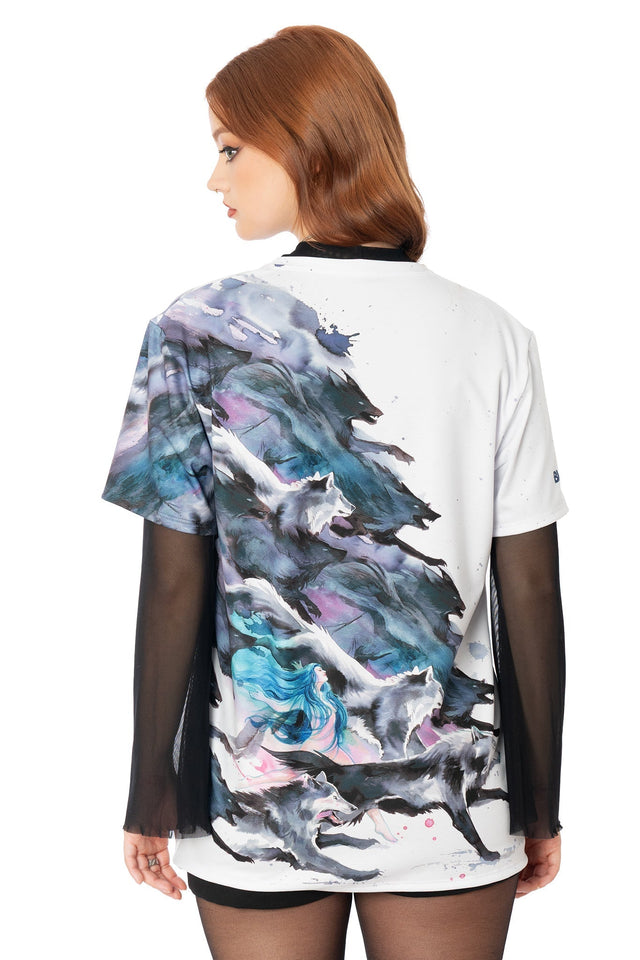 Model wearing white oversized boyfriend tee with Lora Zombie wolf pack artwork - unisex wearable art t-shirt by BlackMilk