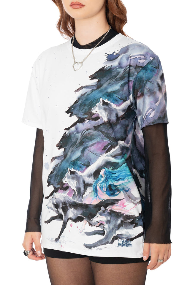BlackMilk Running With Wolves boyfriend t-shirt in white - oversized unisex fit, Lora Zombie wearable art design