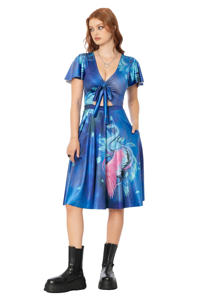 Blue Rio midi dress with Lora Zombie serpent artwork - flounced cap sleeve wearable art dress by BlackMilk