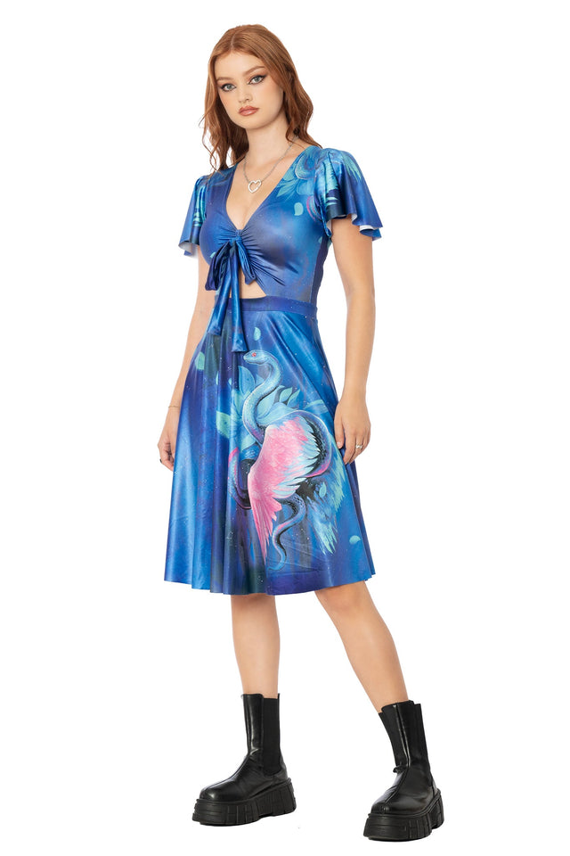 Close-up of Lora Zombie sapphire serpent artwork on blue Rio midi dress - BlackMilk wearable art