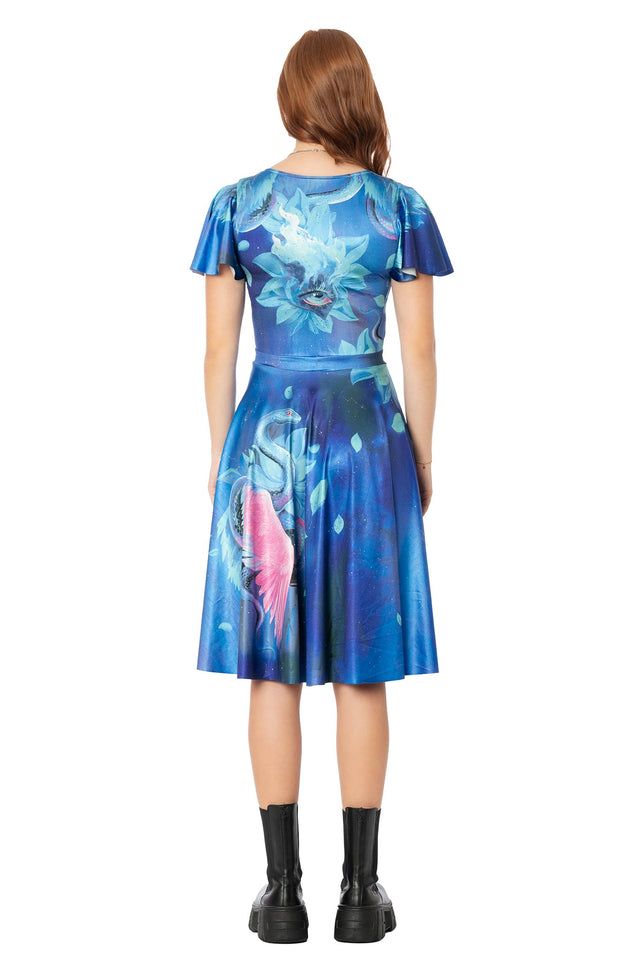 BlackMilk blue Luxe fabric midi dress featuring Lora Zombie serpent design - flounced sleeve wearable art dress