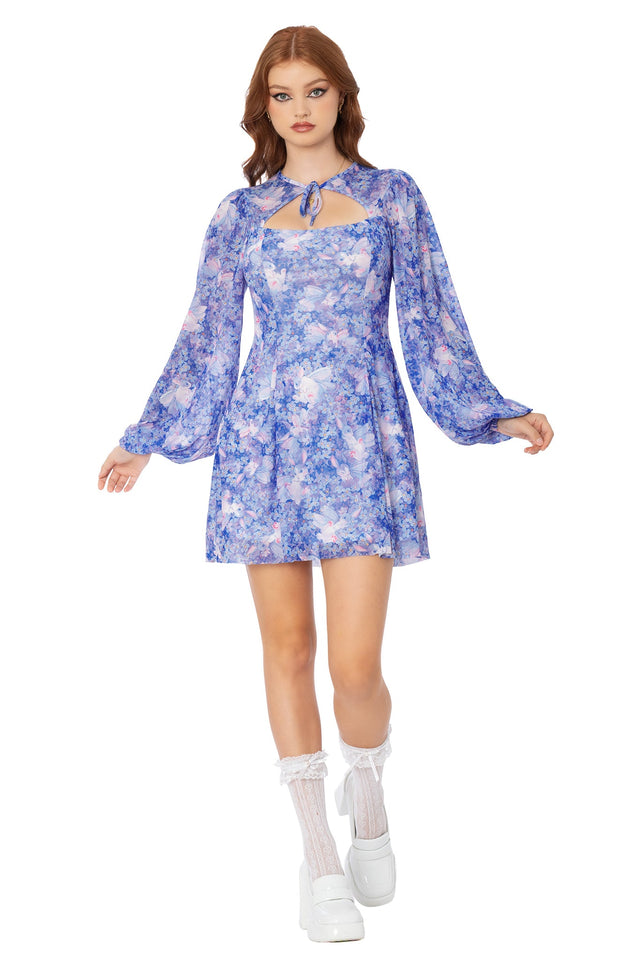 Purple sheer shrug bishop dress with Lora Zombie winged rabbit artwork - wearable art dress by BlackMilk