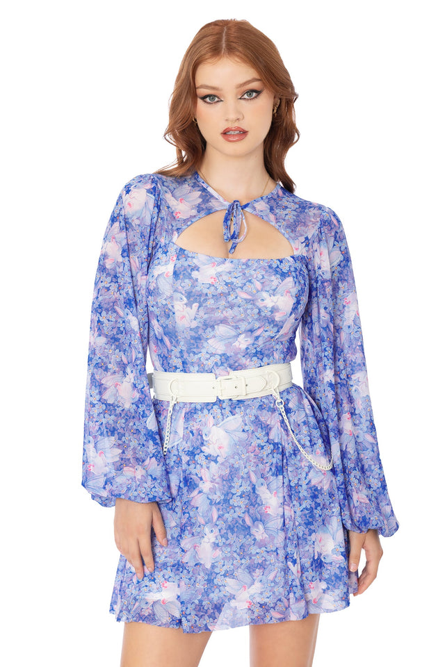 Close-up of Lora Zombie skvader rabbit artwork on purple sheer shrug dress - BlackMilk wearable art detail