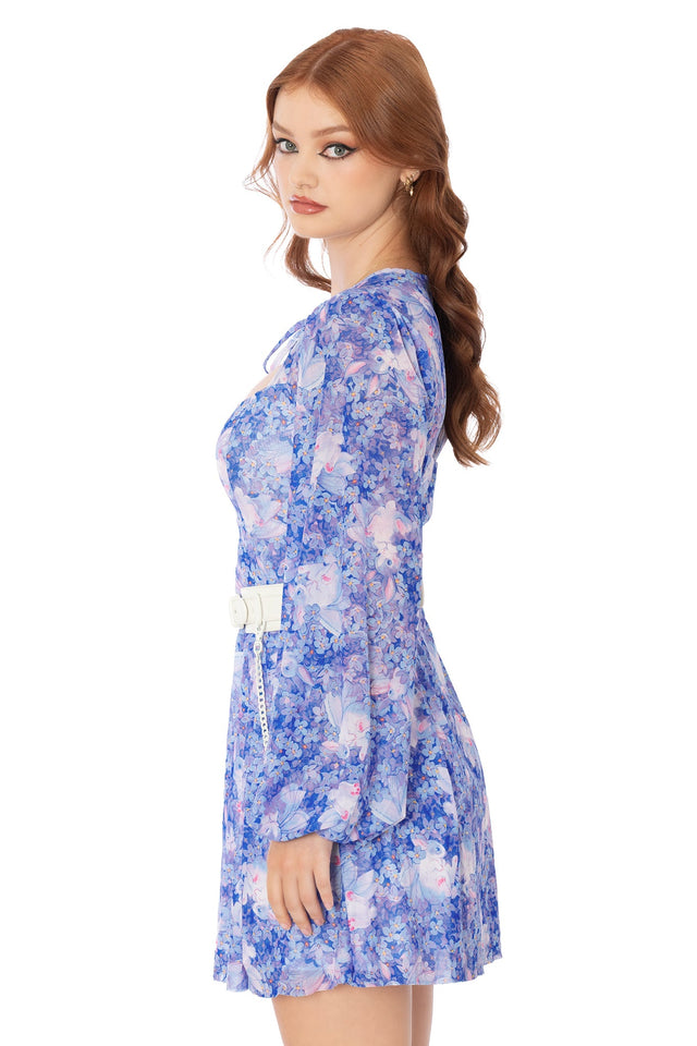 BlackMilk purple sheer skater dress with gathered bishop sleeves featuring Lora Zombie design - wearable art