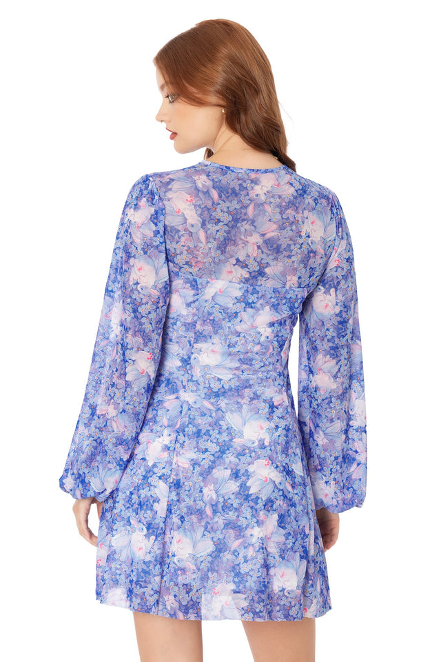 Model wearing purple shrug bishop sleeve dress with Lora Zombie rabbit artwork - wearable art by BlackMilk