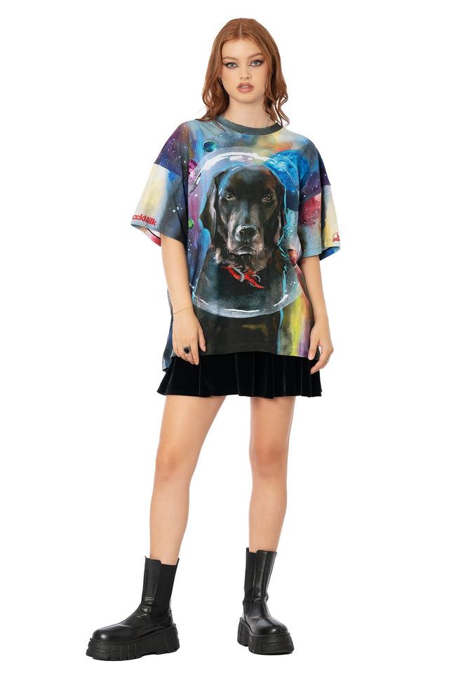 Blue oversized cotton big tee with Lora Zombie space puppies artwork - unisex wearable art t-shirt by BlackMilk