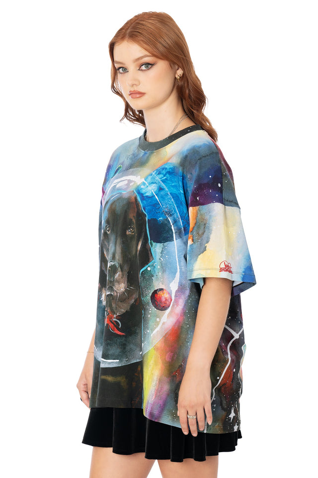 BlackMilk blue super oversized unisex big tee featuring Lora Zombie puppy design - cotton wearable art