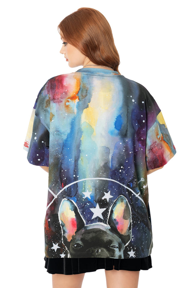 Model wearing blue oversized cotton big tee with Lora Zombie space puppies artwork - wearable art by BlackMilk