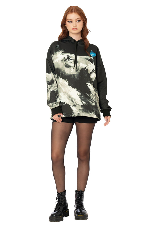 Black boxy oversized hoodie with Lora Zombie lion and bird artwork - unisex wearable art hoodie by BlackMilk