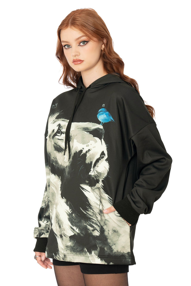 BlackMilk black fleece-lined boxy hoodie featuring Lora Zombie lion design - unisex wearable art comfy fit