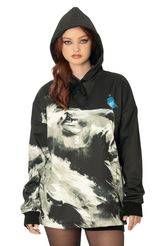 Detail of updated toggles on Lora Zombie print black boxy hoodie - BlackMilk wearable art clothing
