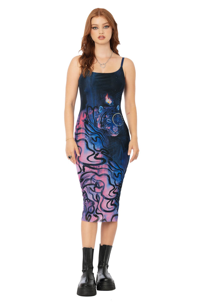 Purple bodycon slip dress with Lora Zombie tiger artwork - sheer mesh wearable art dress by BlackMilk