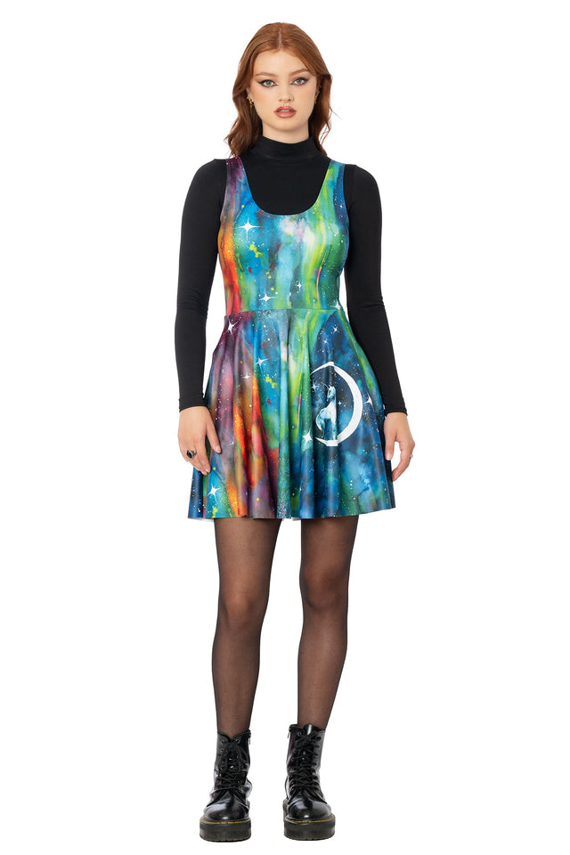 Blue skater dress with Lora Zombie unicorn moon artwork - scoop neckline wearable art dress by BlackMilk