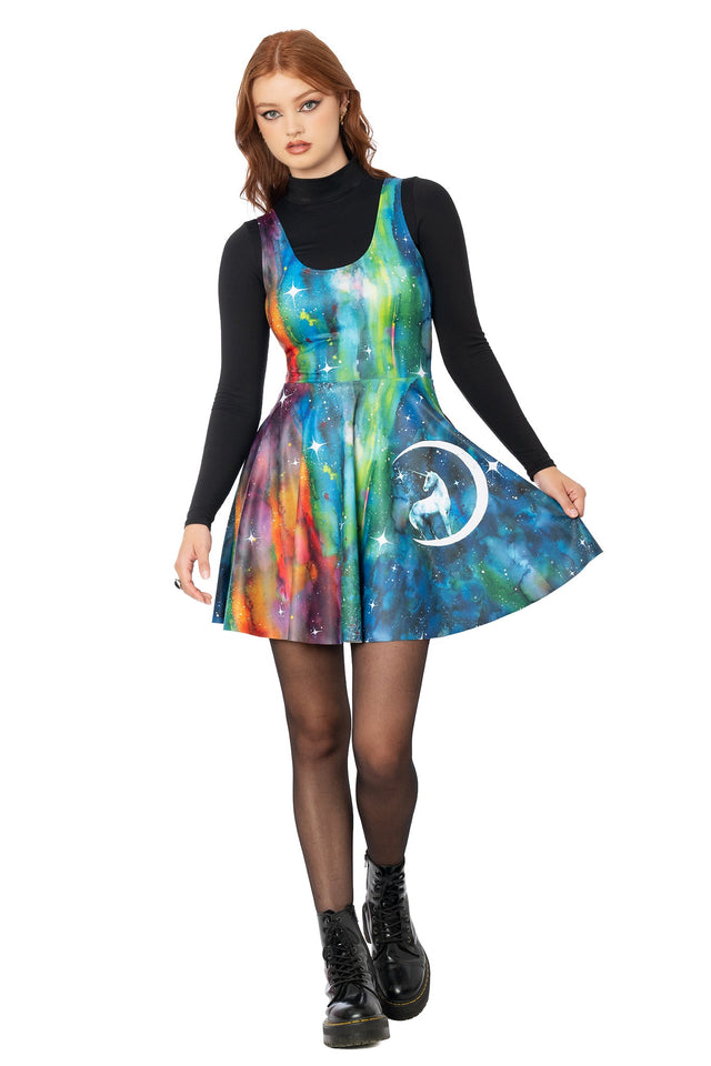 Close-up of Lora Zombie unicorn artwork on blue scoop neck skater dress - BlackMilk wearable art
